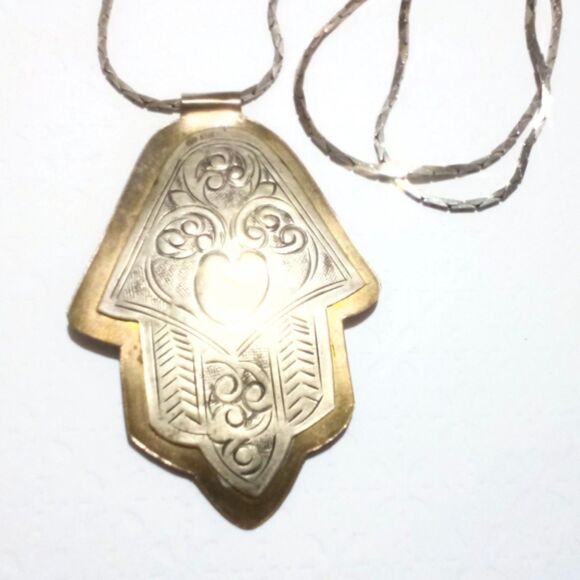 Vintage Boho Ethnic Inspired Hand Embossed Silver Brass Tone Pendant Necklace - Picture 3 of 8